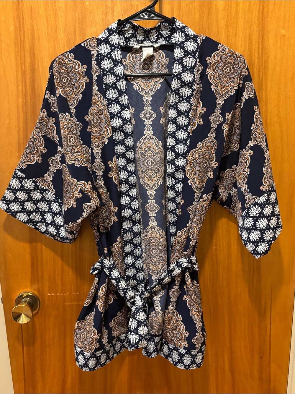 H&M Navy and Tan Paisley Tie-Waist Kimono Tunic